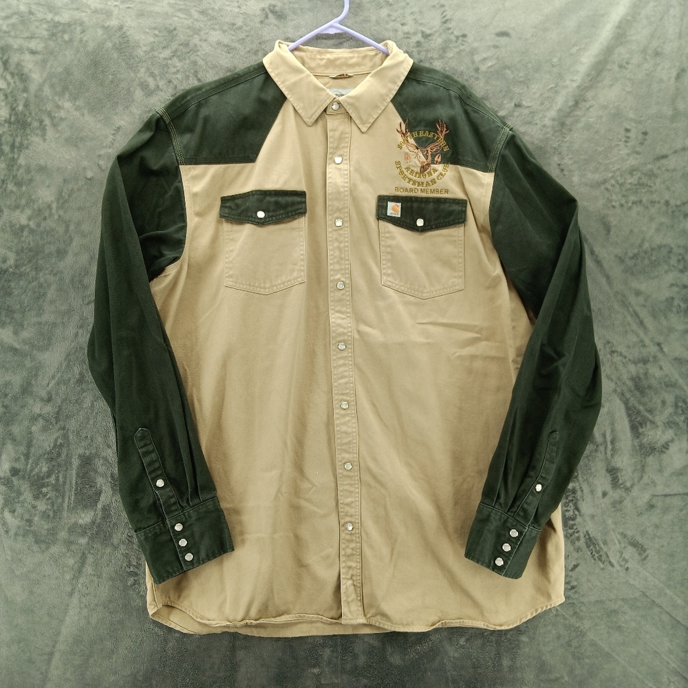 Carhartt Shirt Mens 2X Tall Western Pearl Snap Button Down Canvas AZ Sportsman